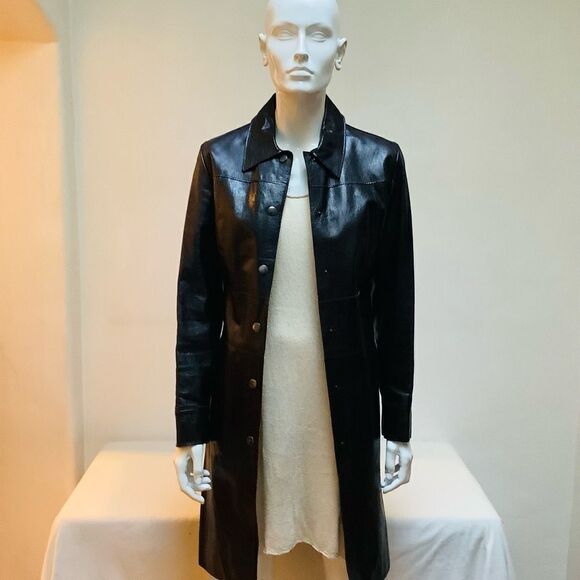 LEATHER CAR COAT JACKET LONG - Picture 2 of 7